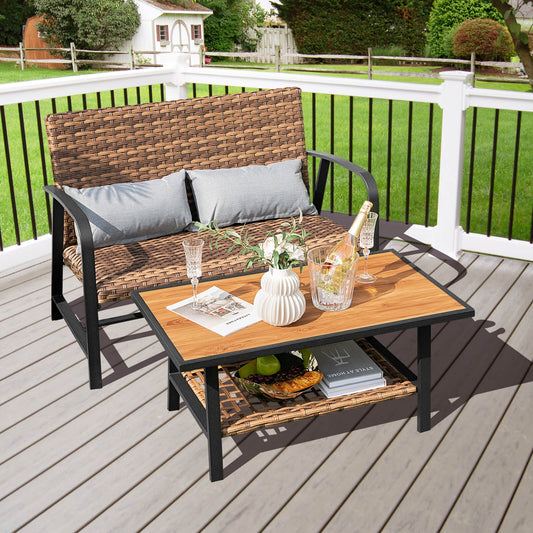 Patio Rattan Coffee Table Set, 2 Pieces, With Shelf And Quick Dry Cushion, Brown