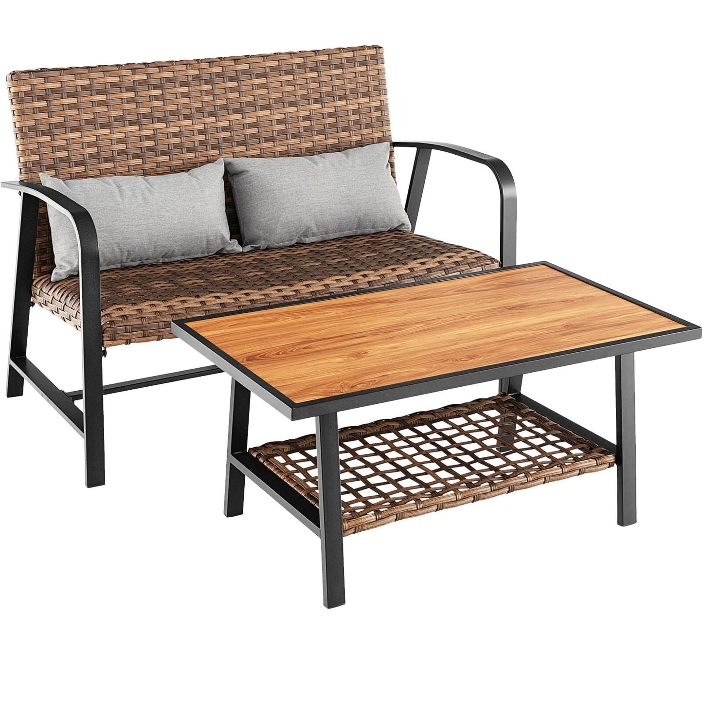 2 Pieces Patio Rattan Coffee Table Set with Shelf and Quick Dry Cushion, Brown Patio Coffee Tables at Gallery Canada