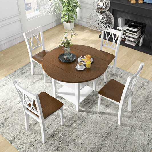 5 Piece Round Kitchen Dining Set, Drop Leaf Table Top, Walnut, Gray Dining Room Sets Walnut & Gray at Gallery Canada