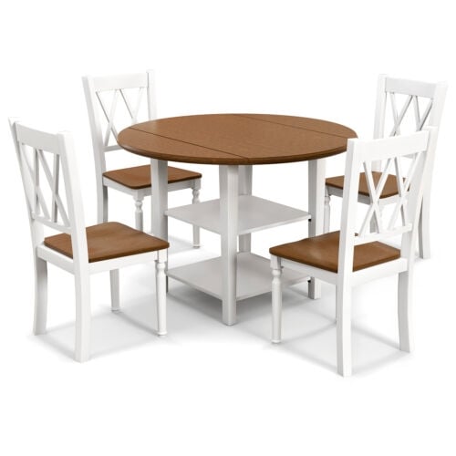 5 Piece Round Kitchen Dining Set with Drop Leaf Table Top, Walnut & White