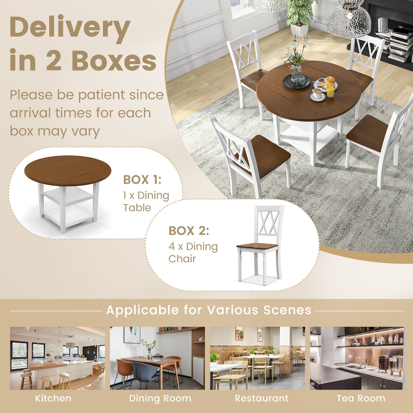 5 Piece Round Kitchen Dining Set with Drop Leaf Table Top, Walnut & Gray Dining Room Sets at Gallery Canada