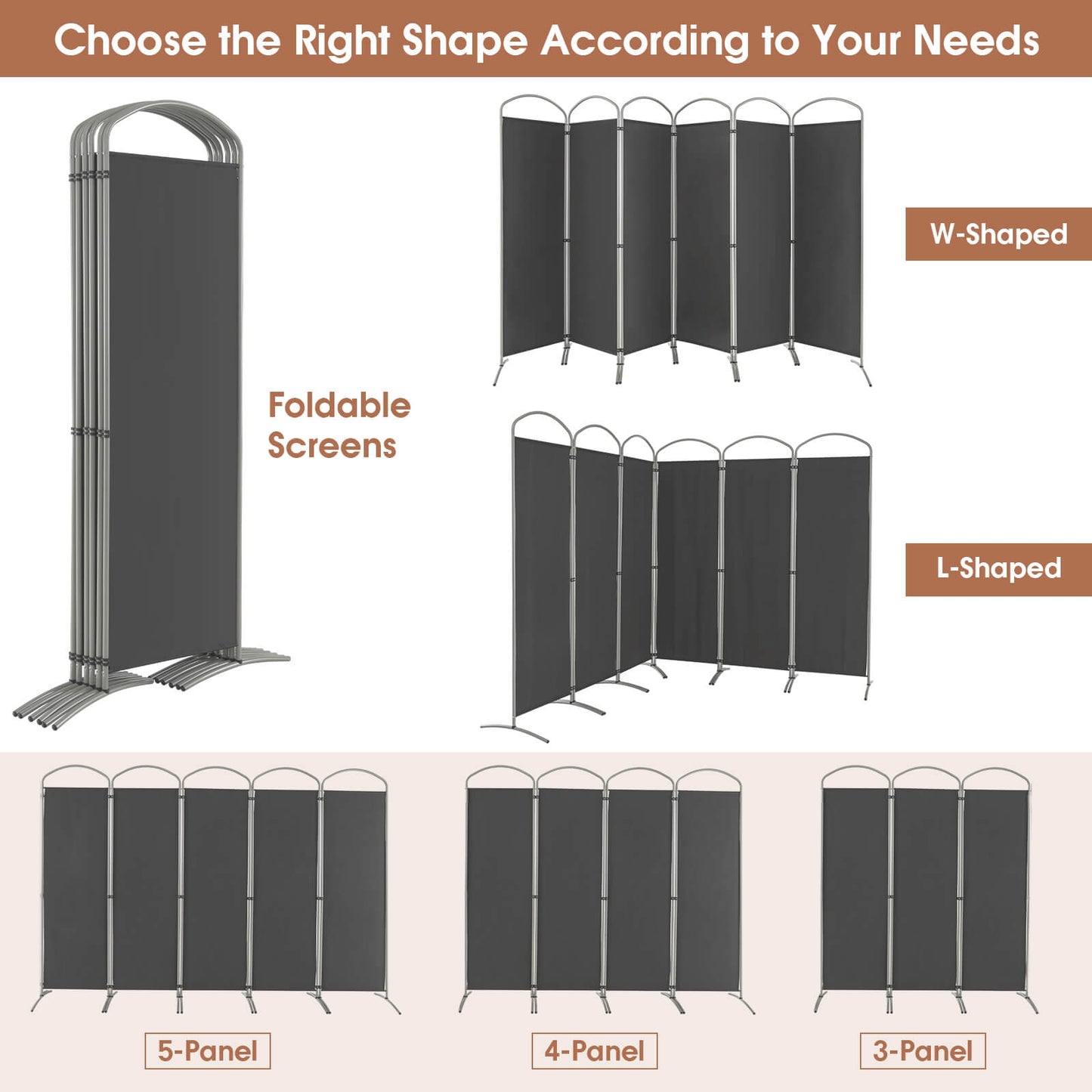6 Feet 6-Panel Freestanding Folding Privacy Screen, Gray Room Dividers at Gallery Canada