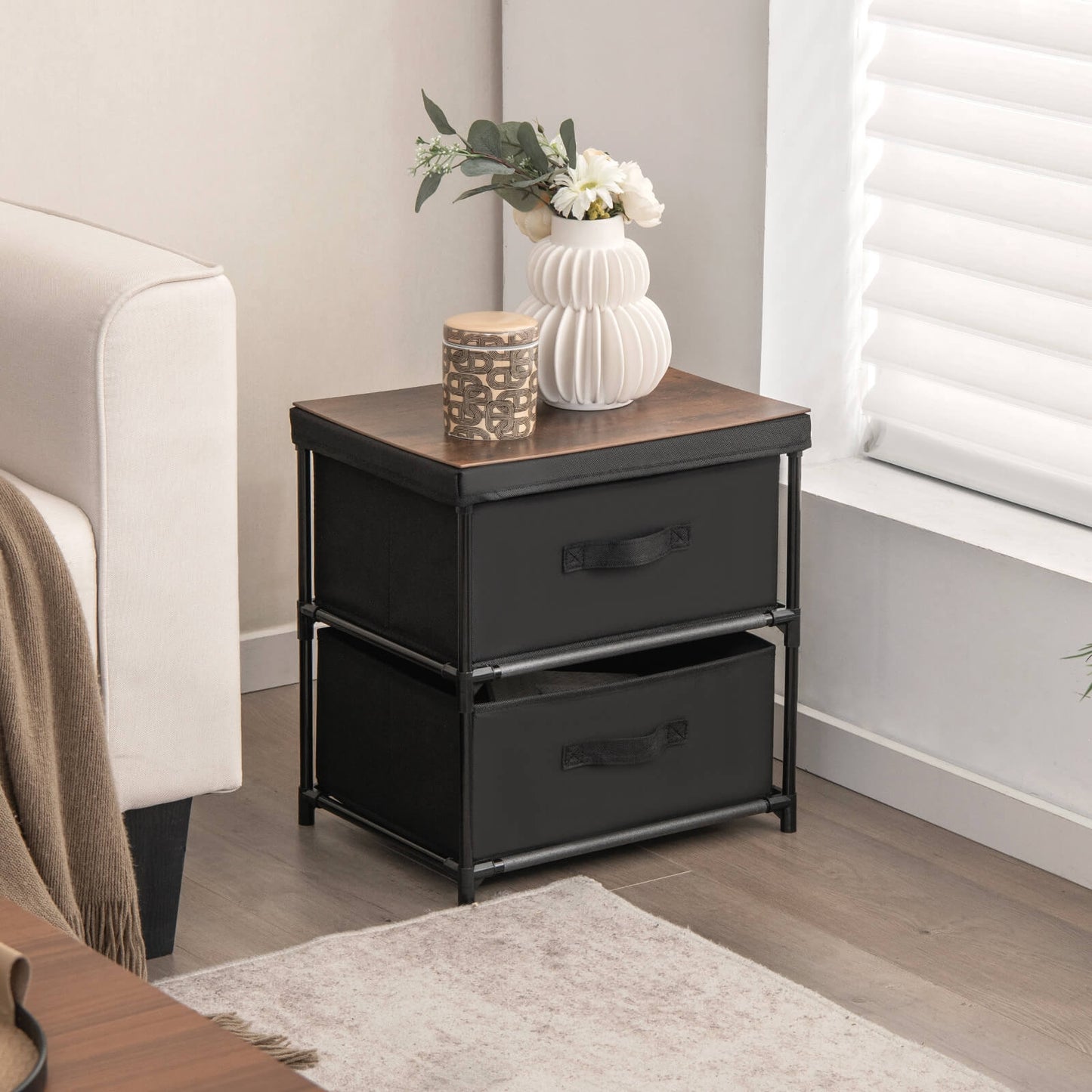 2-Drawer Nightstand With Removable Fabric Bins, Black Nightstands at Gallery Canada