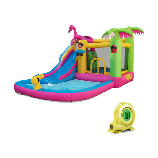 Inflatable Bounce Castle with Long Water Slide and 735W Blower, Multicolor