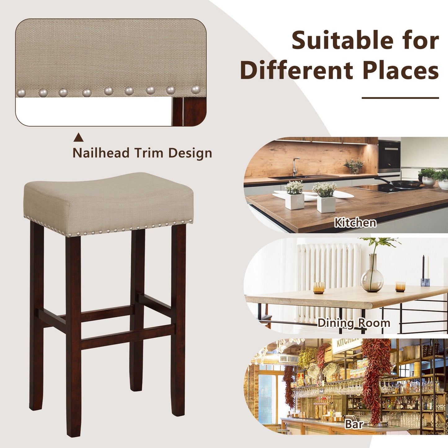 2 Set Upholstered Bar Stool, 29 Inch Height, Solid Rubber Wood Legs, Beige Bar Stools at Gallery Canada