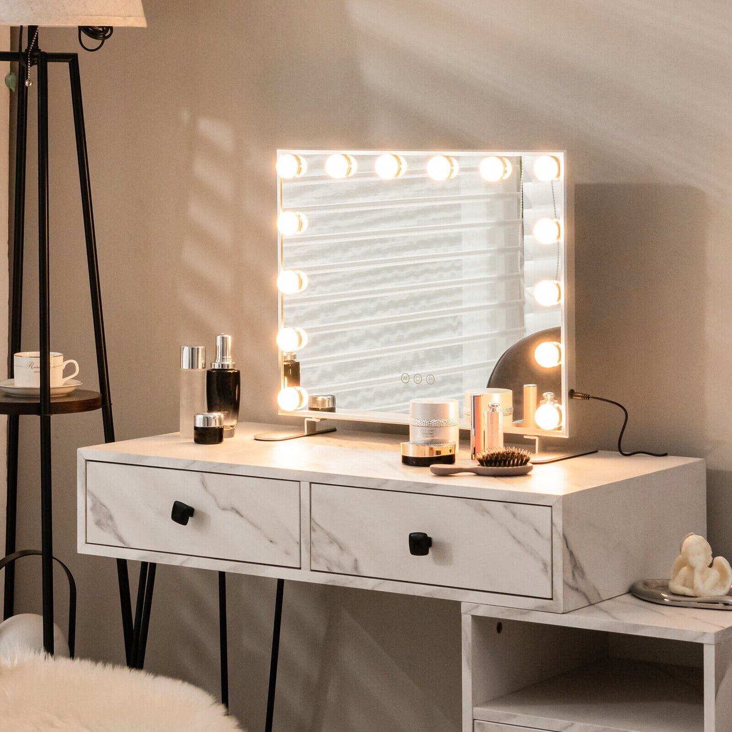 2-in-1 Vanity Mirror with 14 Dimmable LED Bulbs, Silver
