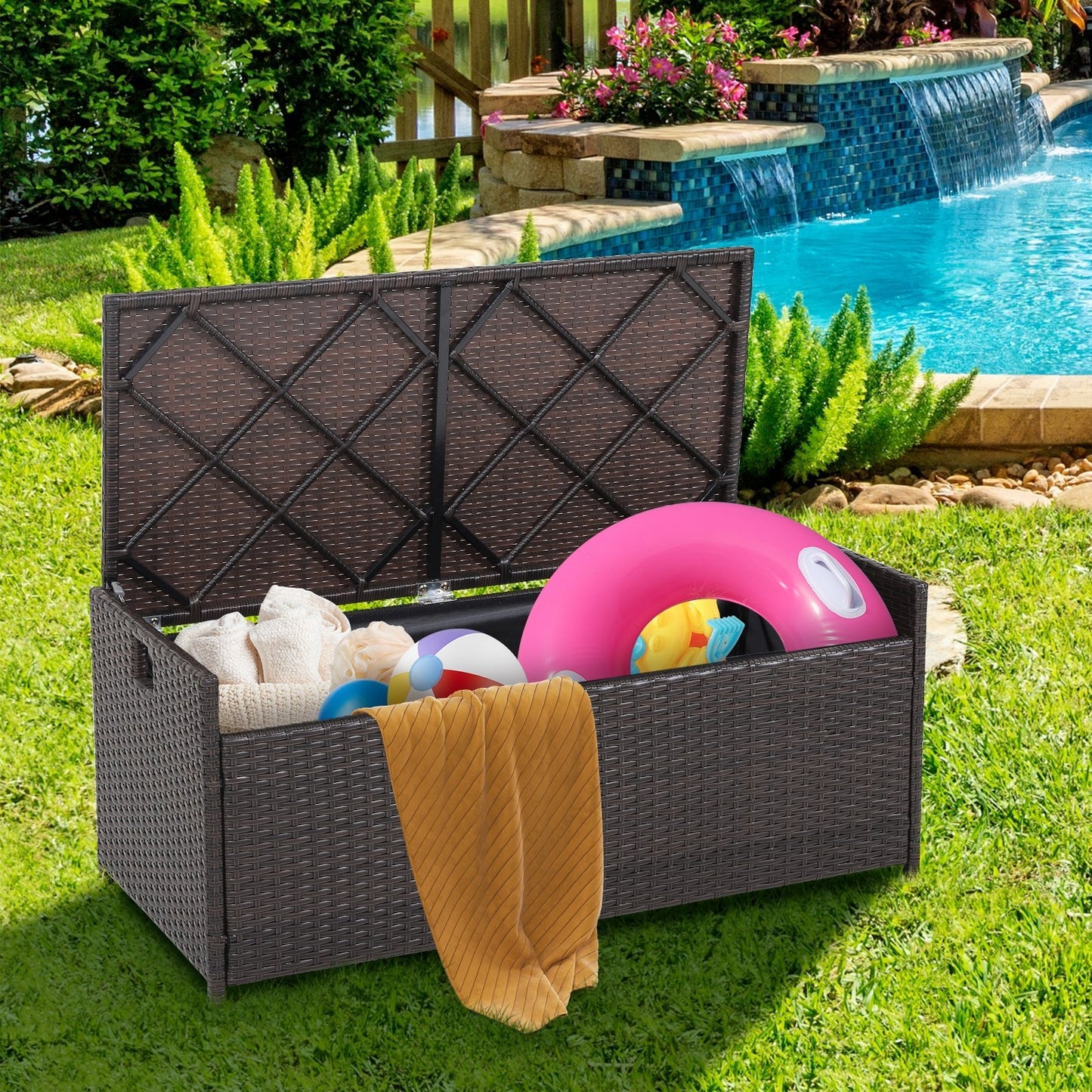 34 Gallon Patio Storage Bench with Seat Cushion and Zippered Liner, Brown at Gallery Canada