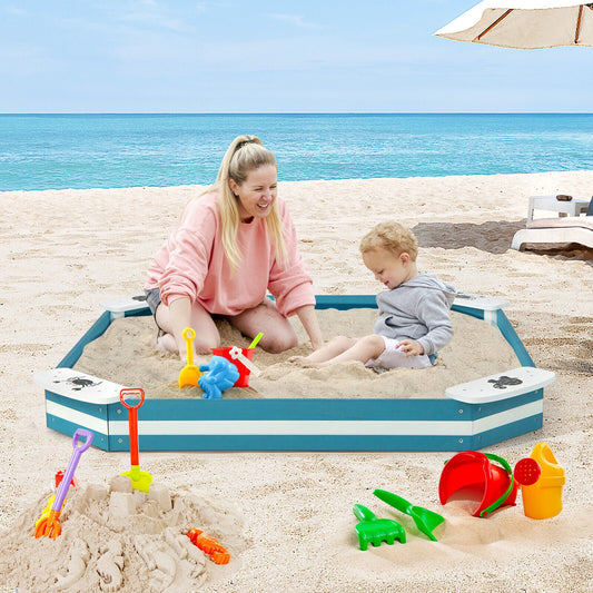 Outdoor Solid Wood Sandbox with 4 Built-in Animal Patterns Seats, Blue Sandboxes Blue at Gallery Canada