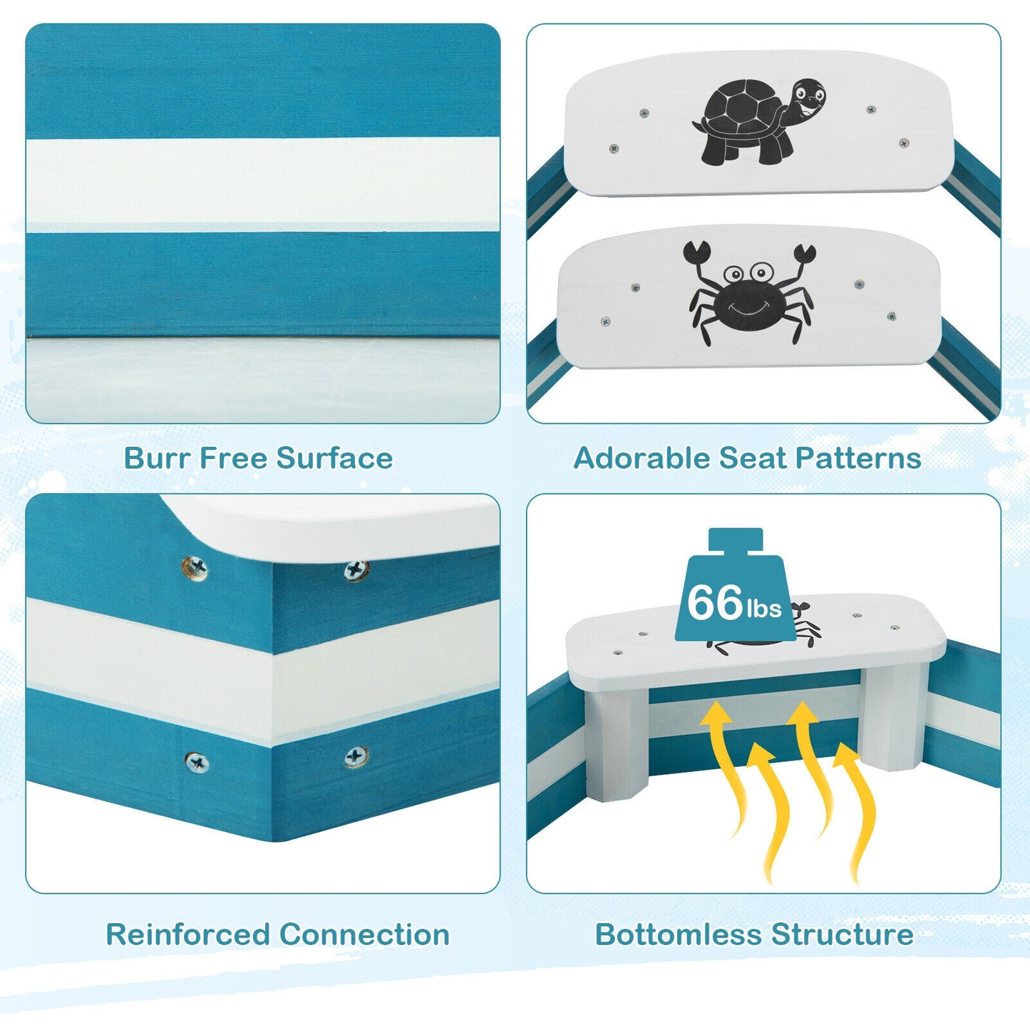 Outdoor Solid Wood Sandbox with 4 Built-in Animal Patterns Seats, Blue Sandboxes at Gallery Canada