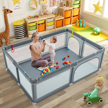Portable Extra-Large Safety Baby Fence with Ocean Balls and Rings, Gray