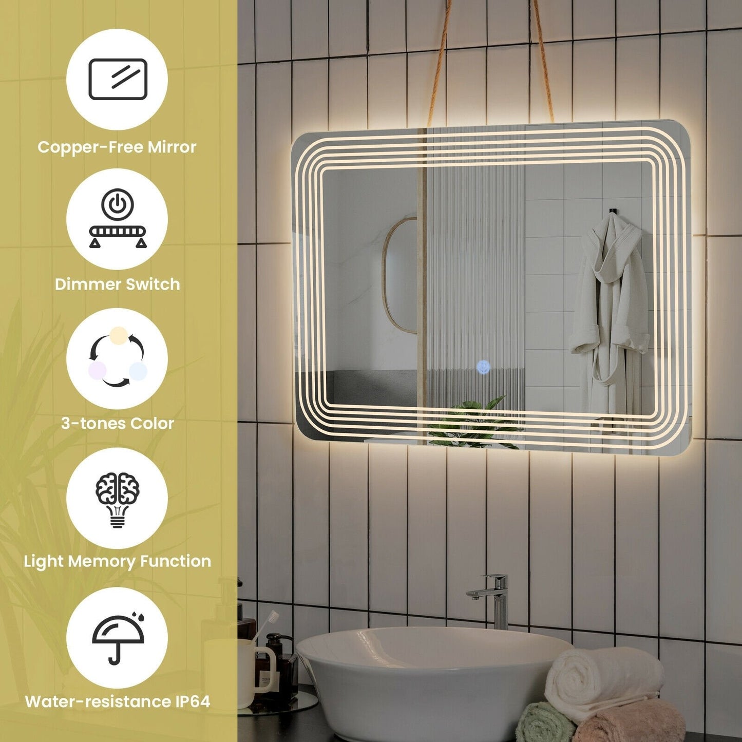 LED Bathroom Vanity Wall-Mount Mirror with Touch Button, White