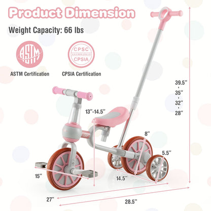 4-in-1 Kids Trike Bike with Adjustable Parent Push Handle and Seat Height, Pink