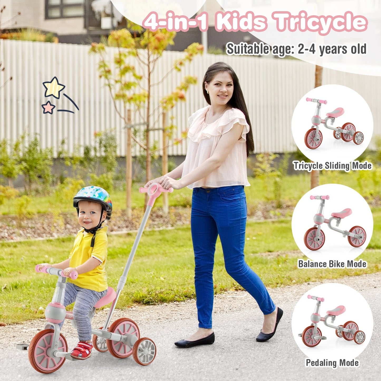 4-in-1 Kids Trike Bike with Adjustable Parent Push Handle and Seat Height, Pink