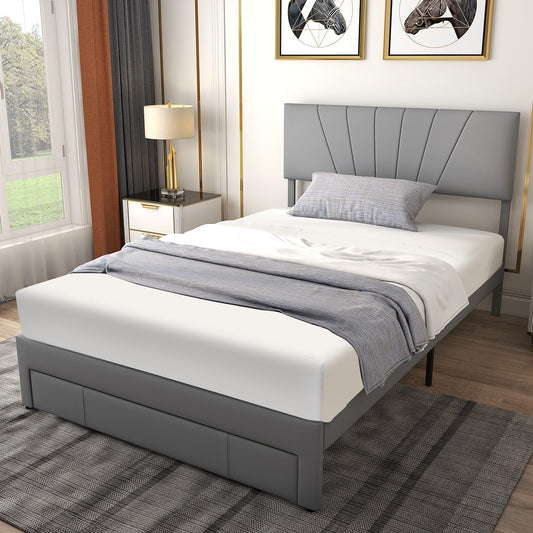 Full Queen Size Upholstered Bed Frame, Adjustable Headboard, Drawer, Gray Simple Bed Frame Gray at Gallery Canada