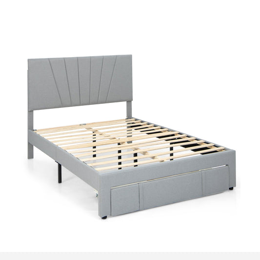 Full/Queen Size Upholstered Bed Frame with Drawer and Adjustable Headboard-Full Size, Gray