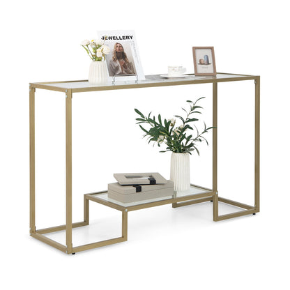 48 Inch 2-Tier Console Table with Tempered Glass Tabletop for Hallway, Golden