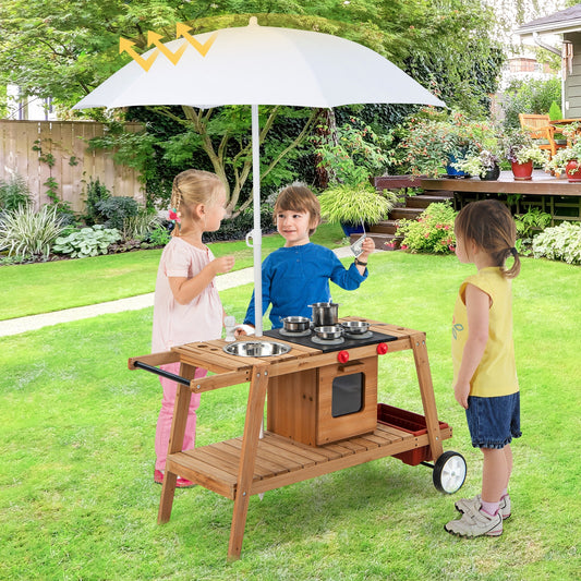 Wooden Play Cart With Sun Proof Umbrella, Toddlers 3+, Brown Pretend Toys Brown at Gallery Canada