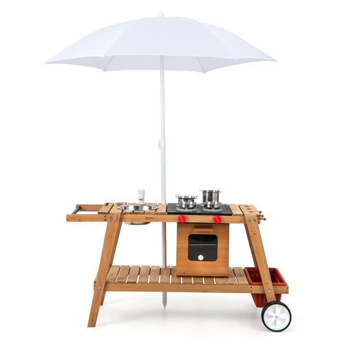 Wooden Play Cart with Sun Proof Umbrella for Toddlers Over 3 Years Old, Brown