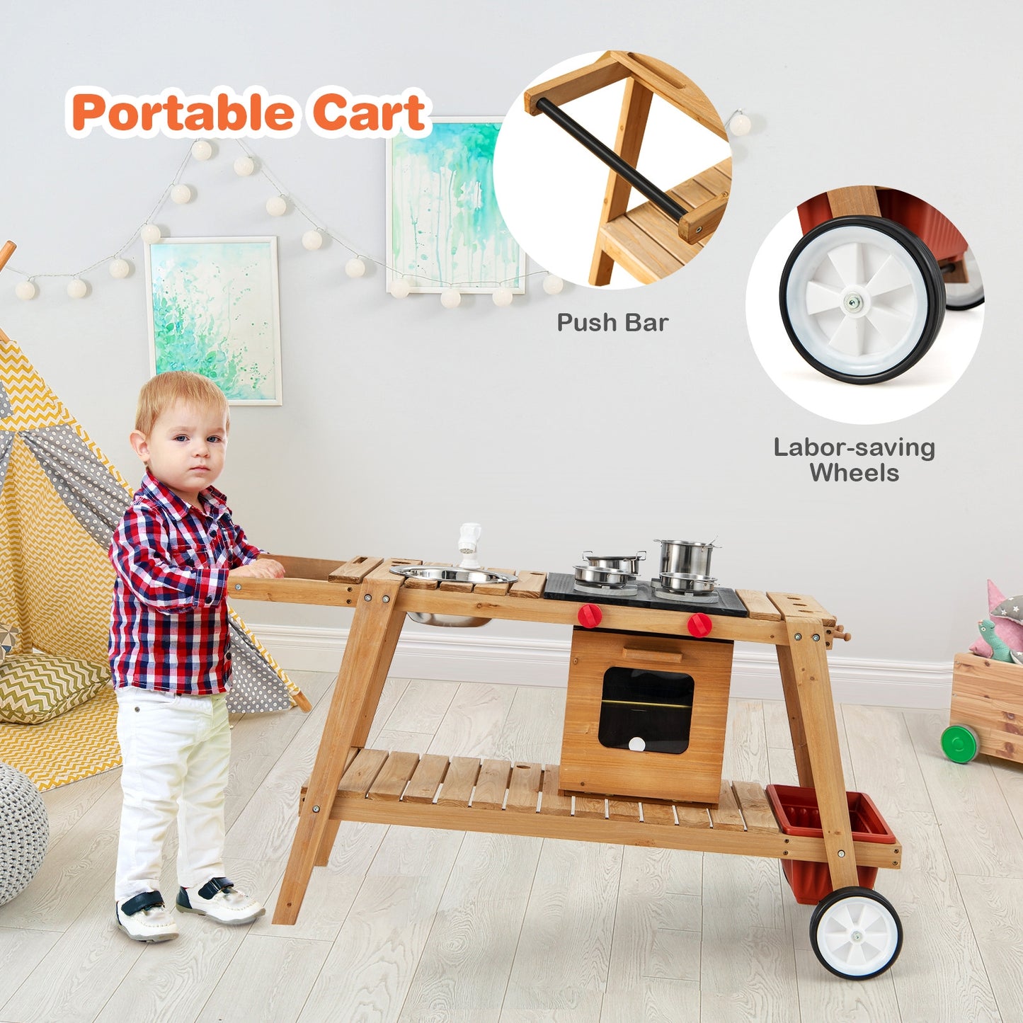 Wooden Play Cart with Sun Proof Umbrella for Toddlers Over 3 Years Old, Brown Pretend Toys at Gallery Canada
