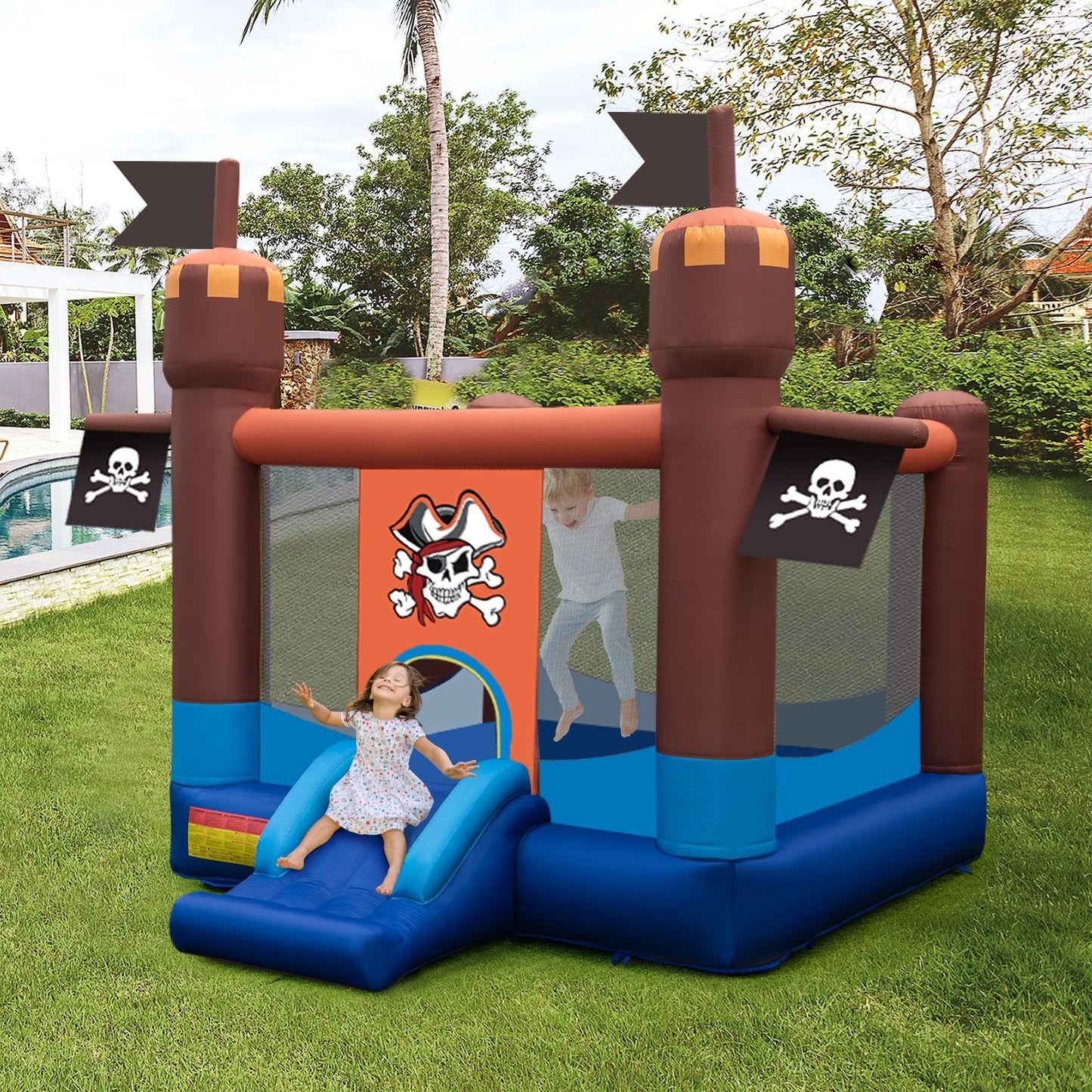 Pirate-Themed Inflatable Bounce Castle with Large Bounce Area without Blower, Multicolor