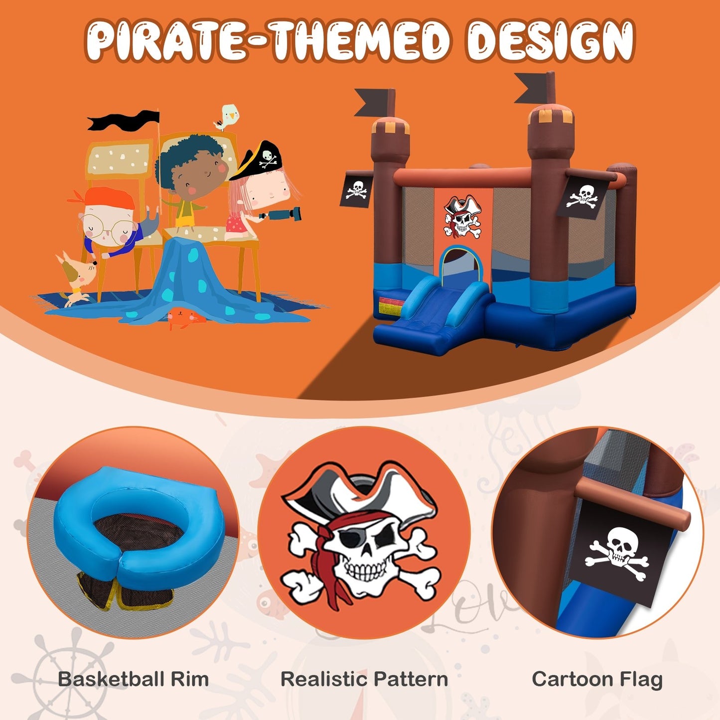 Pirate-Themed Inflatable Bounce Castle with Large Bounce Area without Blower, Multicolor