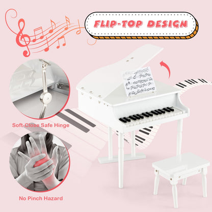 30-Key Kids Piano Keyboard Toy with Bench Piano Lid and Music Rack, White