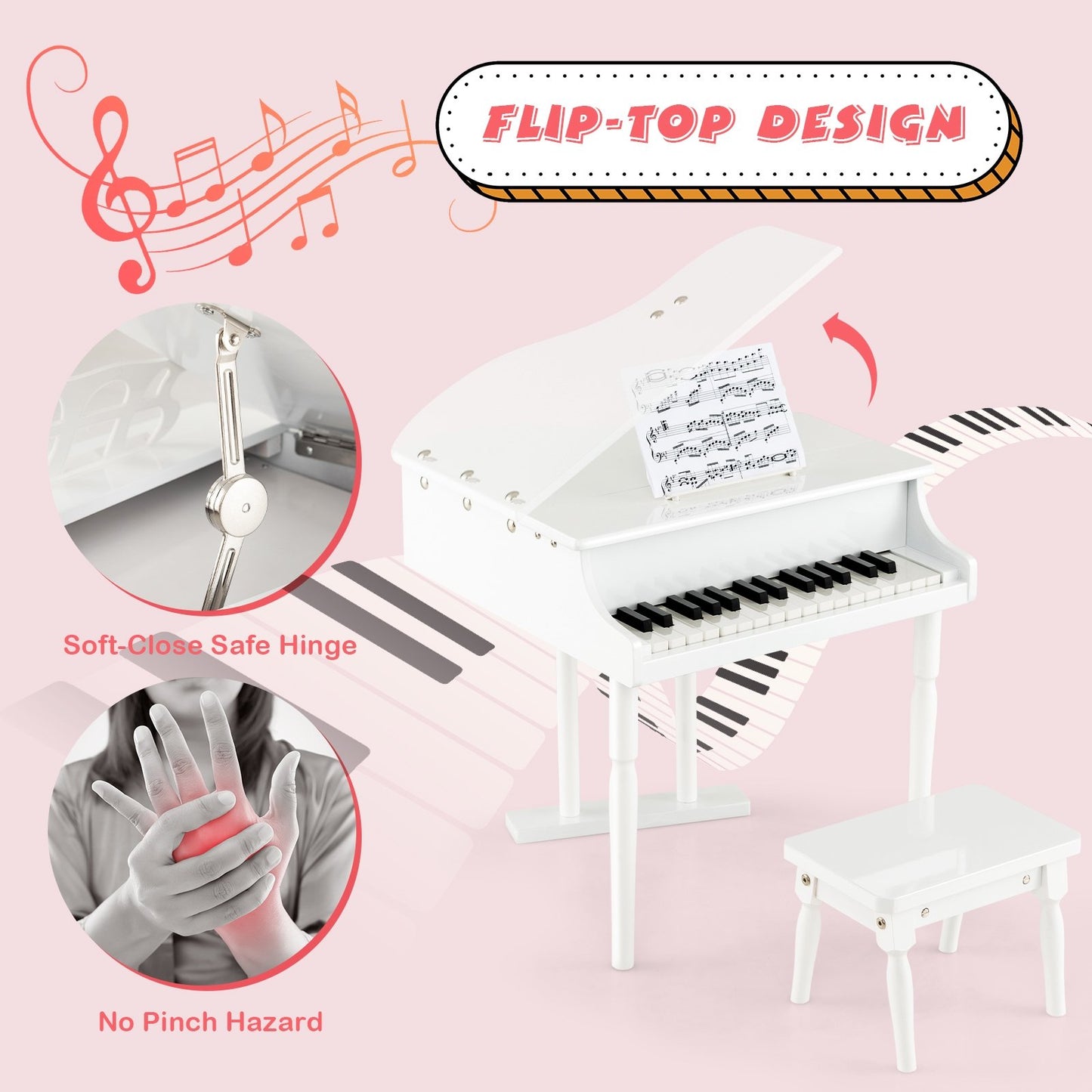 30-Key Kids Piano Keyboard Toy with Bench Piano Lid and Music Rack, White at Gallery Canada