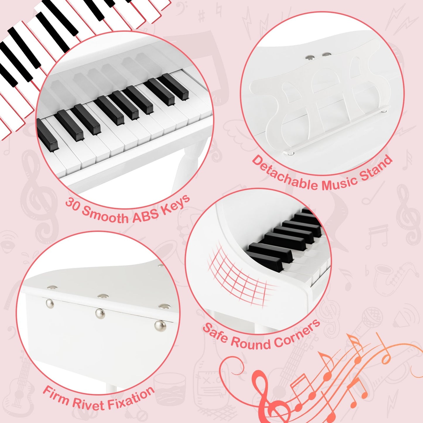 30-Key Kids Piano Keyboard Toy with Bench Piano Lid and Music Rack, White