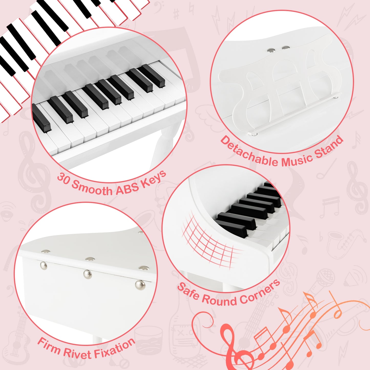 30-Key Kids Piano Keyboard Toy with Bench Piano Lid and Music Rack, White Pianos & Keyboards at Gallery Canada