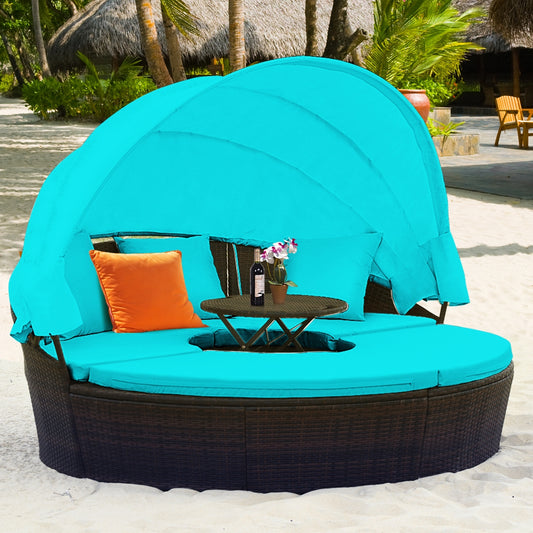 Patio Round Rattan Daybed with Retractable Canopy and Height Adjustable Coffee Table, Turquoise Patio Furniture Sets Turquoise at Gallery Canada