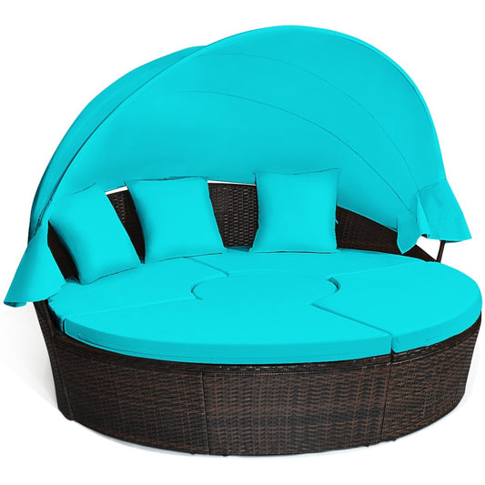 Patio Round Rattan Daybed with Retractable Canopy and Height Adjustable Coffee Table, Turquoise