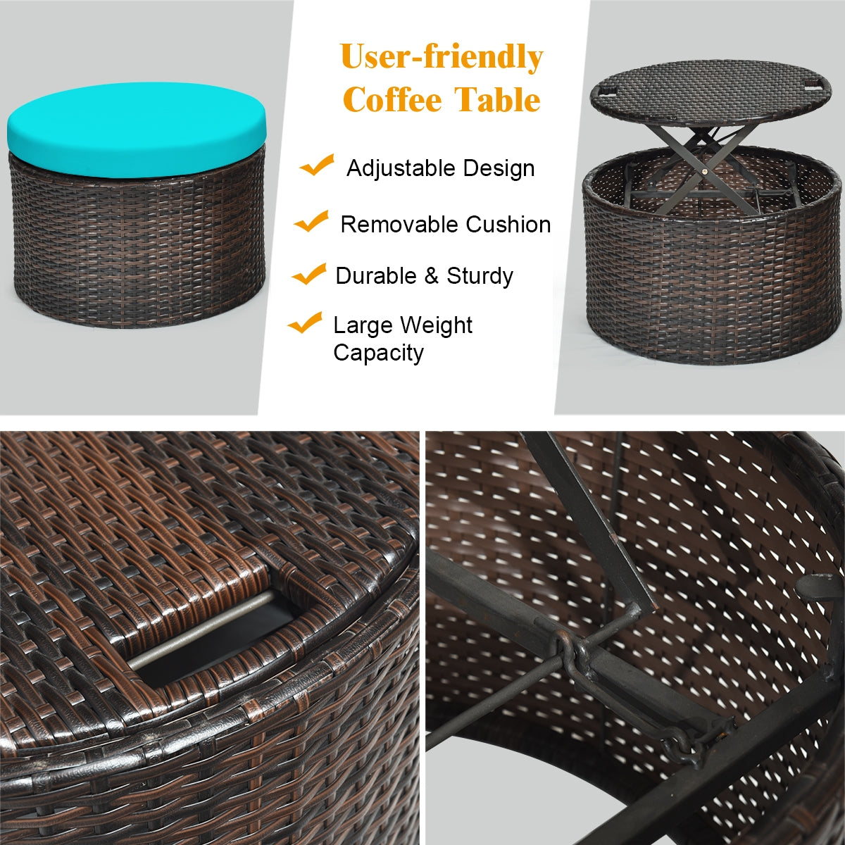 Patio Round Rattan Daybed with Retractable Canopy and Height Adjustable Coffee Table, Turquoise Patio Furniture Sets at Gallery Canada