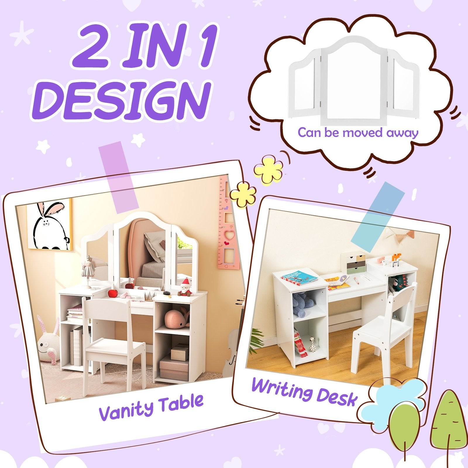 Kids Vanity Table and Chair Set with Removable Tri-Folding Mirror, White at Gallery Canada