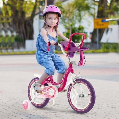 Kids Bike with Doll Seat and Removable Training Wheels-M, Pink & Purple