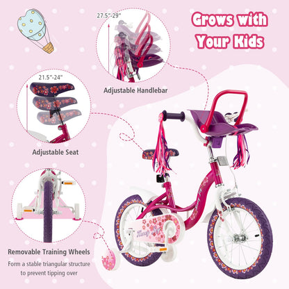 Kids Bike with Doll Seat and Removable Training Wheels-M, Pink & Purple