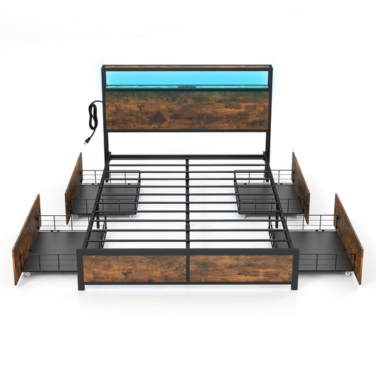 Full/Queen Size Bed Frame with Smart LED Lights and Storage Drawers-Full Size, Rustic Brown