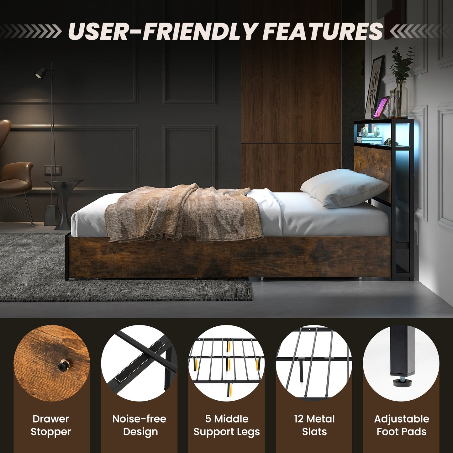 Full Queen Size Bed Frame, Smart LED Lights, Storage Drawers, Rustic Brown Simple Bed Frame at Gallery Canada