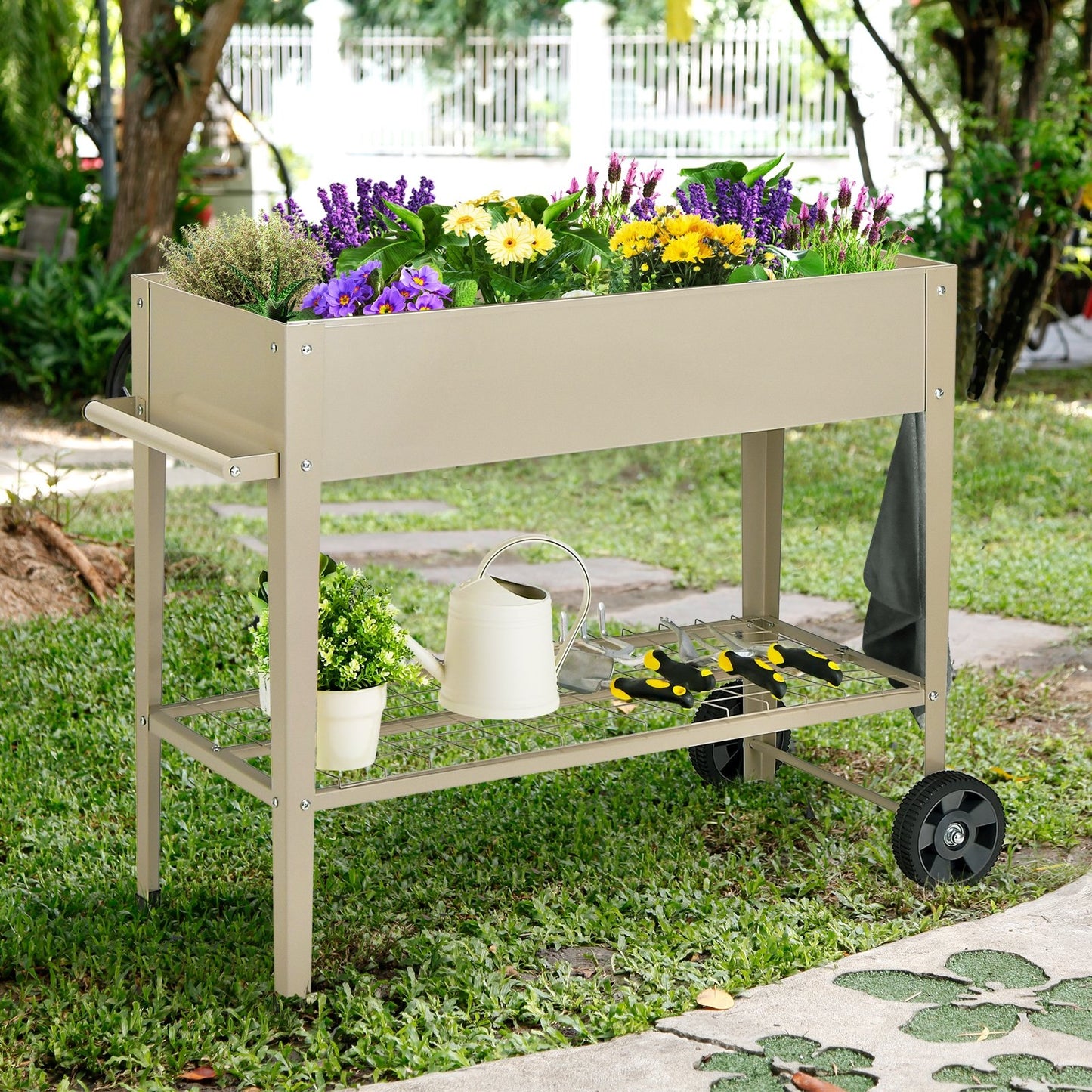 Metal Raised Garden Bed with Storage Shelf Hanging Hooks and Wheels, Light Brown