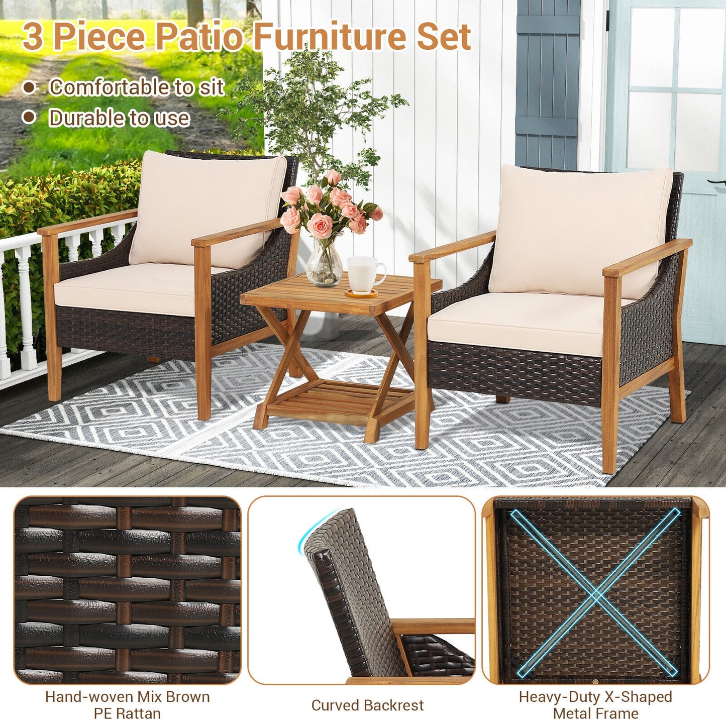 3-Piece Patio Wicker Set, 2-Tier Side Table, Cushioned Armchairs, Natural Patio Conversation Sets at Gallery Canada