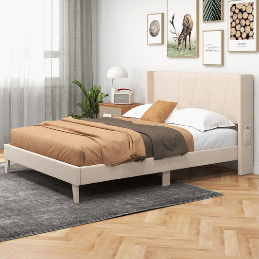 Queen Size Upholstered Bed Frame, Geometric Wingback Headboard, Beige Simple Bed Frame Beige at Gallery Canada