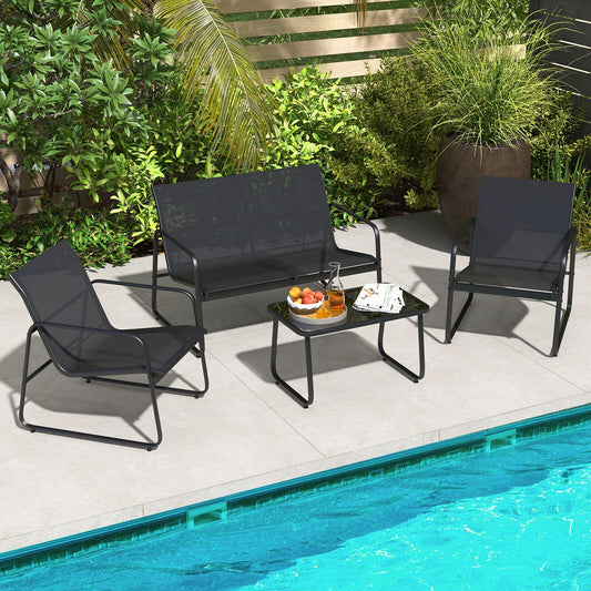 4 Piece Outdoor Conversation Set, Tempered Glass Coffee Table, Black Patio Conversation Sets Black at Gallery Canada