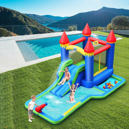 Inflatable Bounce House Castle Water Slide with Climbing Wall and 550W Blower, Multicolor