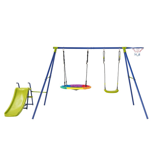 4-in-1 Heavy-Duty Metal Playset with Slide and Basketball Hoop, Multicolor