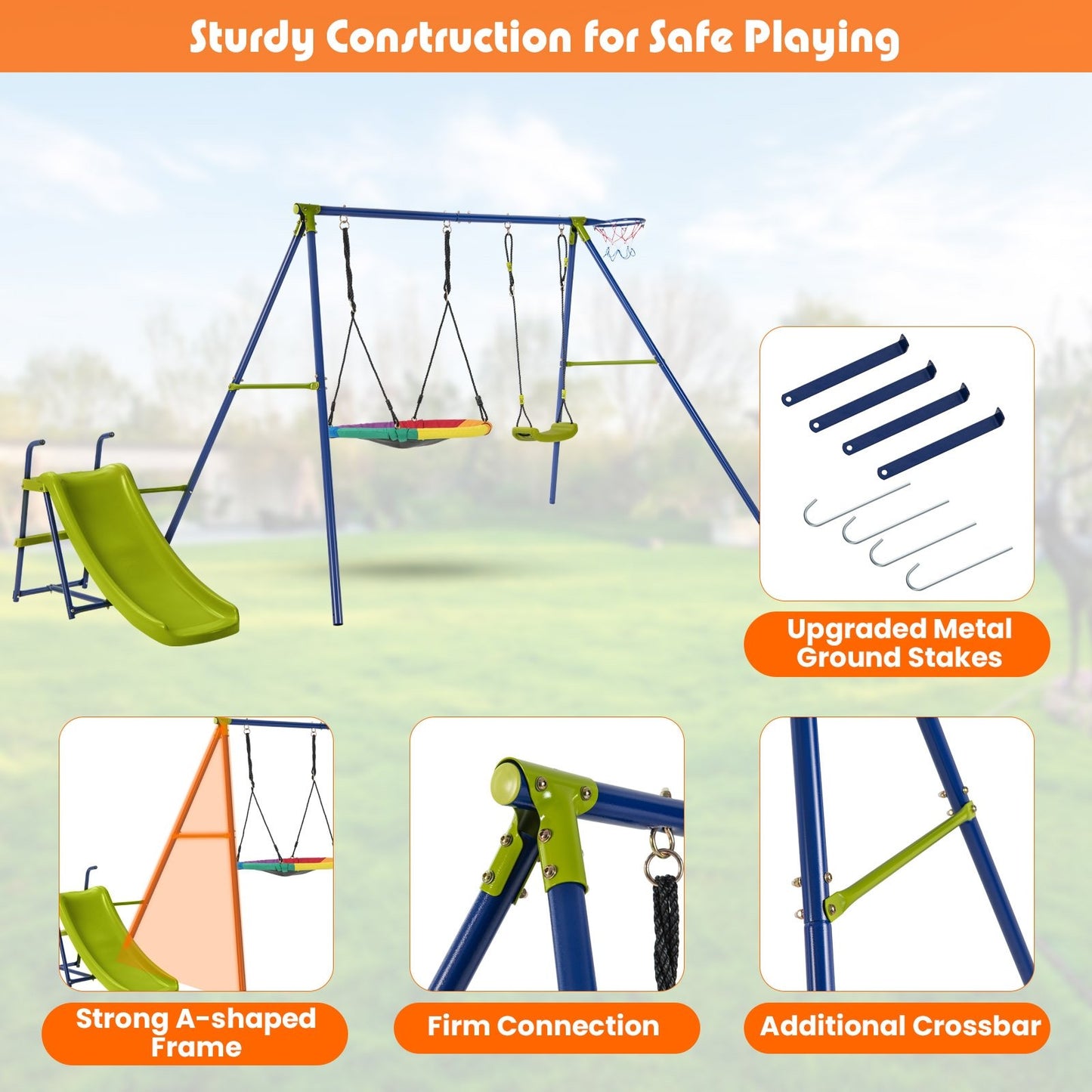 4-in-1 Heavy-Duty Metal Playset with Slide and Basketball Hoop, Multicolor