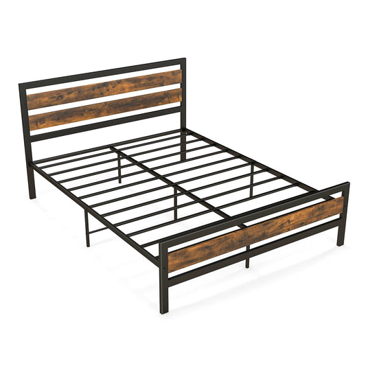 Full/Queen Industrial Bed Frame with Rustic Headboard and Footboard-Queen Size, Rustic Brown
