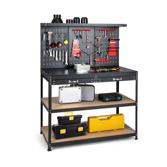 48 Inch Workbench with Pegboard and Drawers, Black