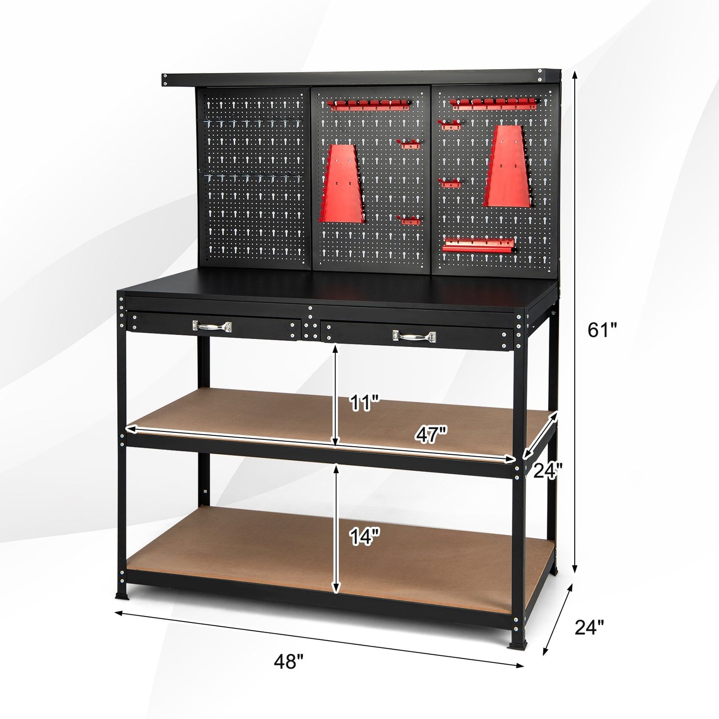 48 Inch Workbench with Pegboard and Drawers, Black