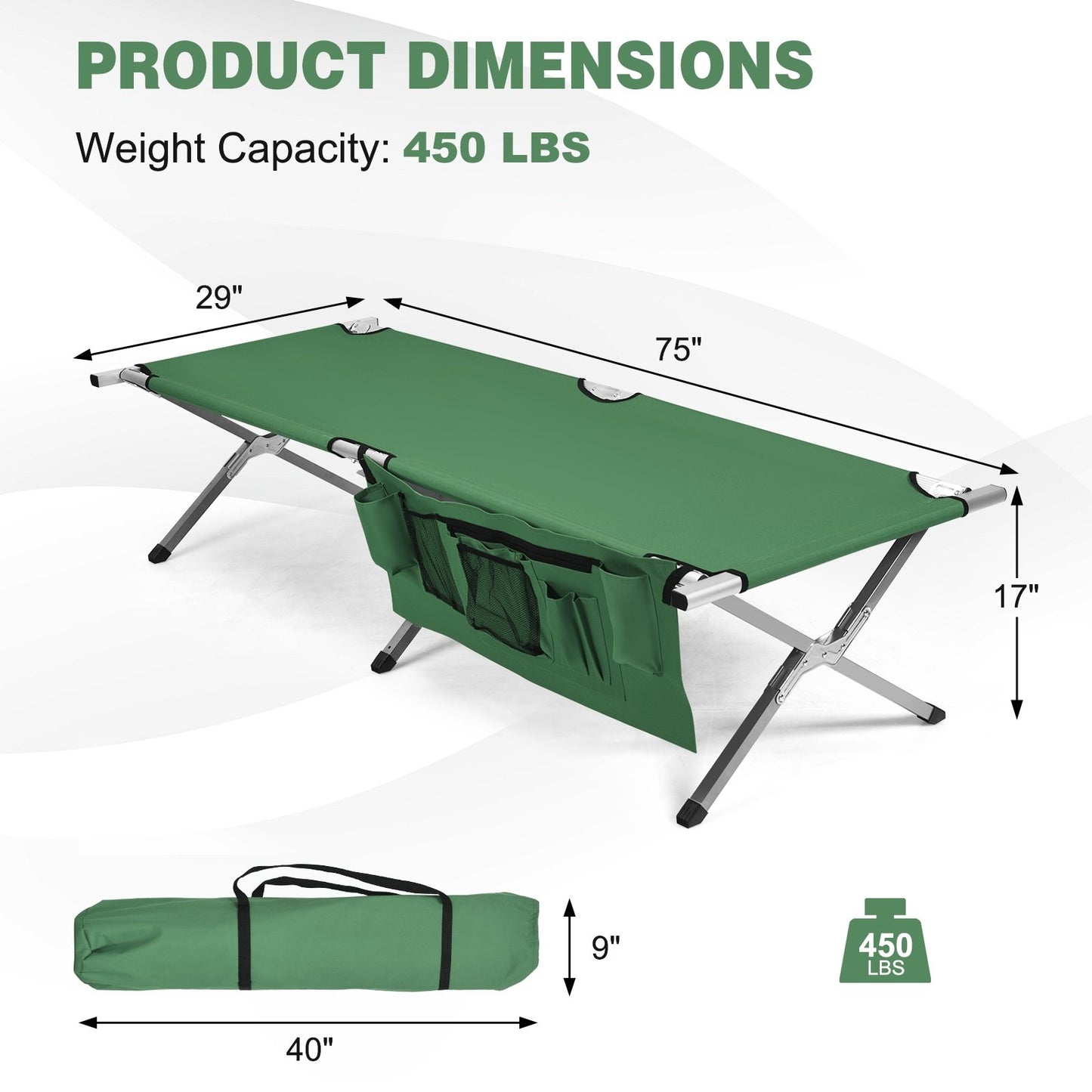 Folding Camping Cot Heavy-duty Camp Bed with Carry Bag, Green