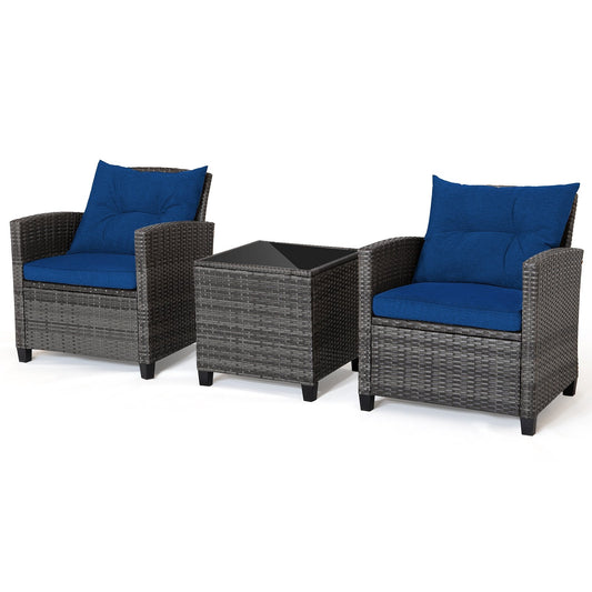 3 Pieces Outdoor Wicker Conversation Set with Tempered Glass Tabletop, Navy at Gallery Canada