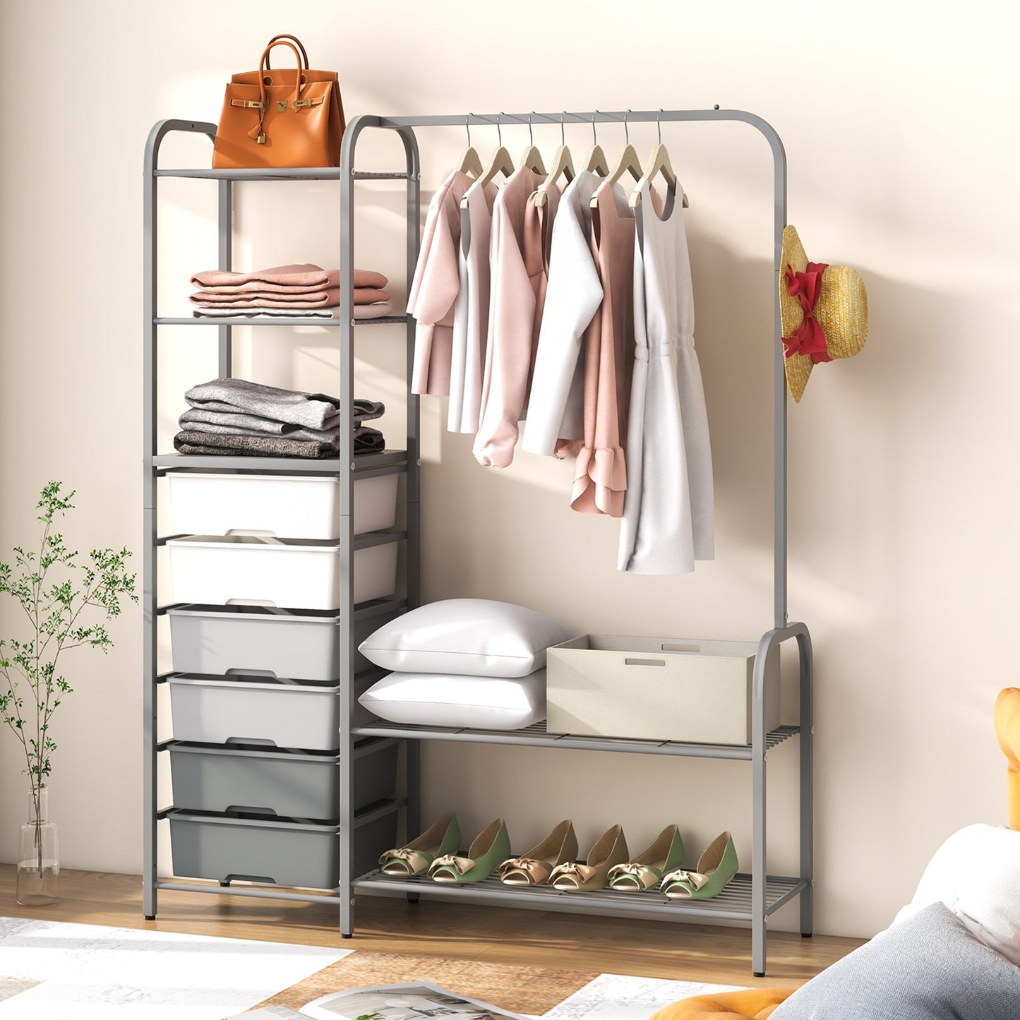 Free Standing Closet Organizer with Removable Drawers and Shelves, Gray